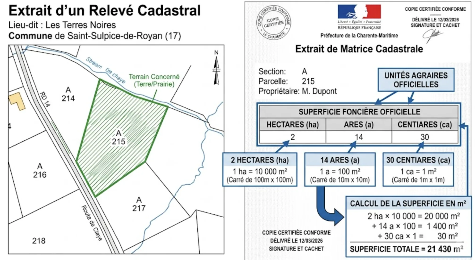 Extrait d'un relevé ral avec la superficie exprimée en hectares, ares et centiares, avec annotations explicatives